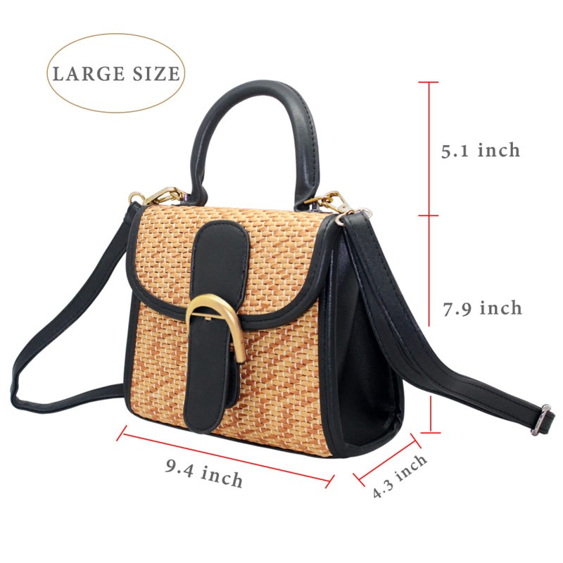 boshiho Retro Straw Woven Handbag Womens Cross Body Bag Shoulder Messenger Satchel (Large - Black) - Image 5